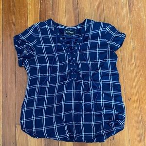 Plaid lace up short sleeve blouse